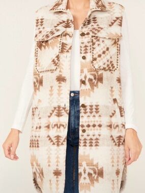 Ashley By 26 International Cream & Brown Aztec-Print Long Button Vest